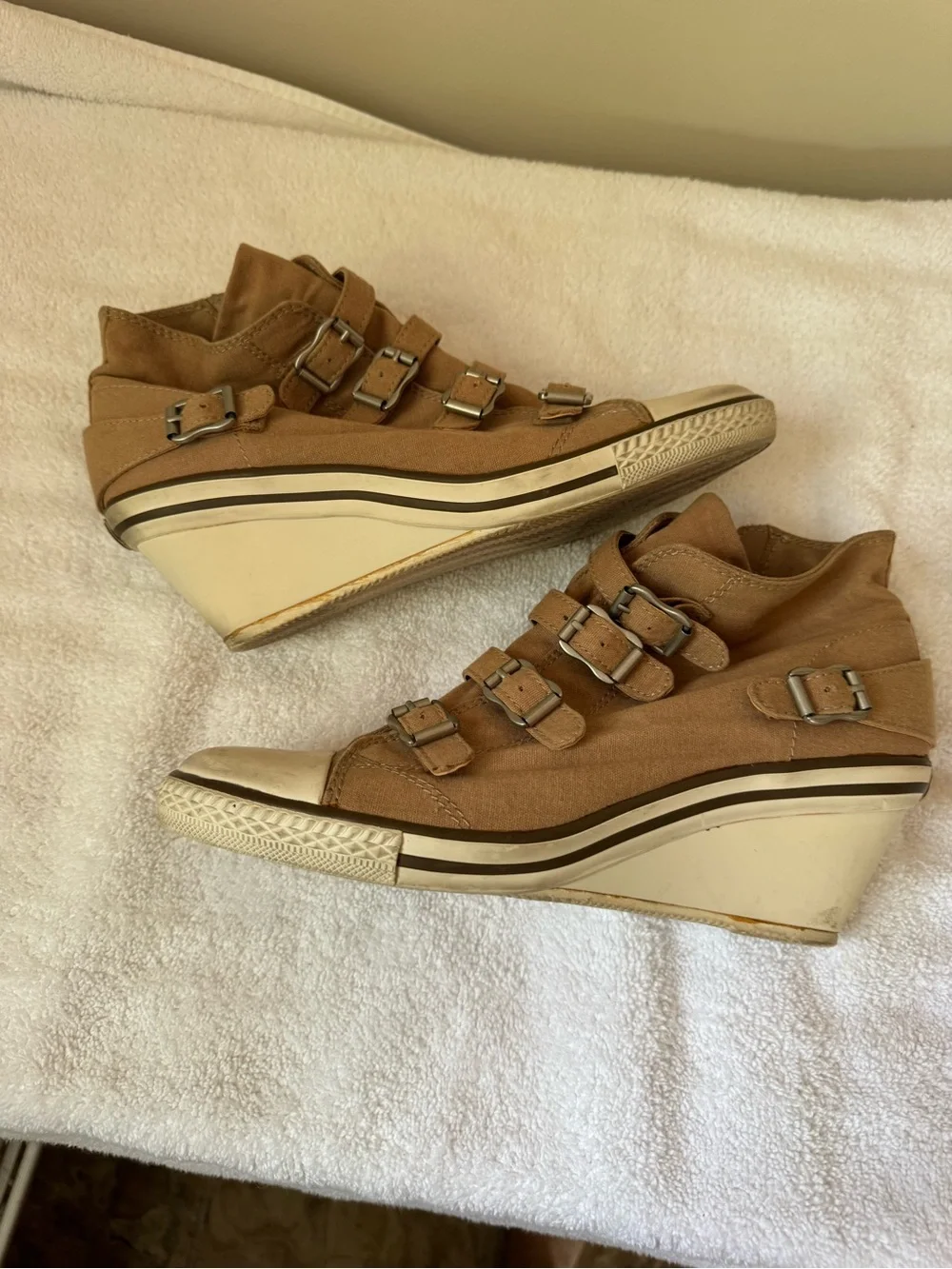 Ash Unlimited Thelma Tan Canvas Wedge High-Top Sneakers with Buckle Straps